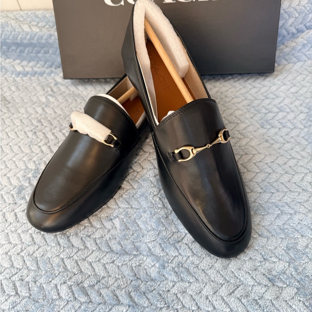 Coach Black Haley Leather Loafers with Gold Detail